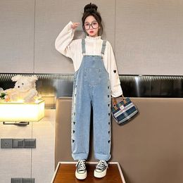 2023 Korean Spring Autumn Junior Girl 2pcs Teenager Lace Round Neck ShirtDenim Pocket Jumpsuits Rompers Suit 231226