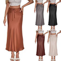 Skirts Women'S Long Skirt High Waisted Drawstring Solid Colour Cotton Women Dot Womens For Summer