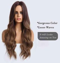 Hair Synthetic Wigs Cosplay Long Water Wavy Synthetic Wigs Ombre Brown Middle Part Natural Hair for Women Cosplay Heat Resistant F8932743