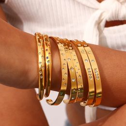 18K Gold Plated Waterproof Tarnish Free Crystal Zircon Pave Shiny Star Moon Cuff Bangles Bracelets For Woman Wrist 231226