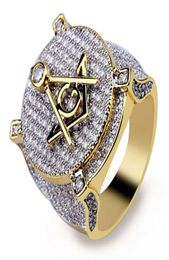 Luxury Hip hop mason Symbol Masonic Rings Mens Micro Pave Cubic Zirconia Bling Bling Simulated Diamonds 18K Gold Plated Ring1908076