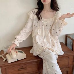 Women's Sleepwear Soft Cotton Women Autumn Spring Sweet Lace Polka Dot Princess Nightwear Comfortable Pajamas Set Pants S474