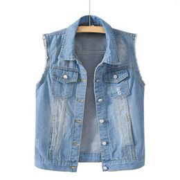 Women's Vests Vest Jackets Plus Size Outerwear Denim Jacket Sleeveless Collared Distressed Jean Candy Colour Slim Fit Ripped Coat Tops