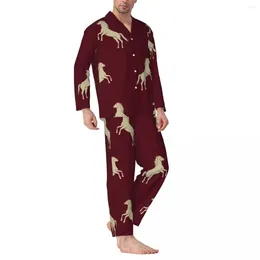 Men's Sleepwear Gold Horse Pyjama Sets Autumn Animal Print Cute Home Women 2 Piece Casual Oversized Custom Suit Gift Idea