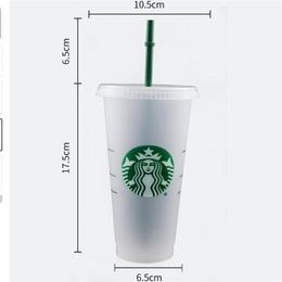 Starbucks Mug 24oz 710ml Plastic Tumbler Reusable Clear Drinking Flat Bottom Cup Pillar Shape Lid Straw Bardian 1000pcs158K