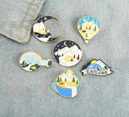 Sky Mountain Shape Alloy Brooches Coffee Moon Explore Camping Model Pins Balloon Circle Backpack Hat Badge Jewellery Whole Acces271G4805955