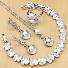 Bracelets Horn Sier Bridal Jewellery Sets White Zircon Pearls Bead for Women Party Earrings with Stone Pendant/necklace/ring/bracelet