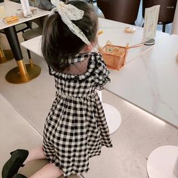 Girl Dresses Baby Black White Plaid Mesh Hollow Out A-line Dress Korean Kids Short Sleeve Princess Toddler Clothes Vestido 2-7Yrs