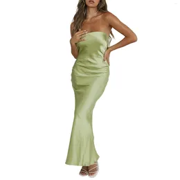 Casual Dresses Summer Women Satin Tube Dress Sleeveless Strapless Tie Knot Back Solid Colour Slim Party Long