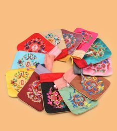 Patchwork Embroidered Small Jewelry Storage Bag Chinese Ethnic Drawstring Satin Fabric Gift Pouch Coin Pocket Packaging Bags 50pcs9480511