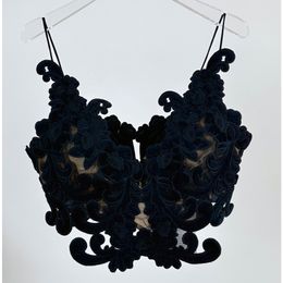 12.26 Elegant Sexy Velvet Lace Spaghetti Strap Tank Top Women Floral Embroidery Backless Zipper Top