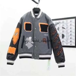 Off White Autumn Winter Brand Jacket New Coat Male and Female Lovers Ow Heavy Industry Embroidered Wool Spliced Leather Sleeve 557