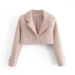 Women's Suits Pink Tweed Short Blazer 2023 Women Sweet Single Button Solid Colours Casual Office With Summer Work Commute Wear