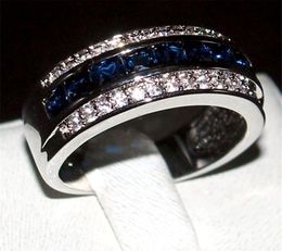 Luxury Princesscut Blue Sapphire Gemstone Rings Fashion 10KT White Gold filled Wedding Band Jewelry for Men Women Size 8910117335886
