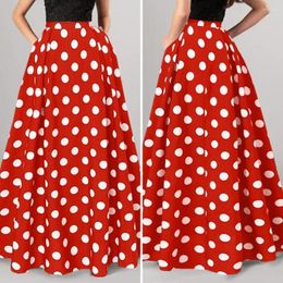 Skirts Retro Skirt Elegant Women's High Waist Maxi With Colour Matching Dot Print A-line Silhouette Side Pockets For Prom Parties