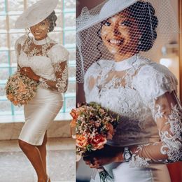 Plus Size Illusion Trumpet Wedding Dress for Bride Knee Length Mermaid Long Sleeves High Neck Gorgeous Bridal Dress African Short Gown for Marriage Black Women D079