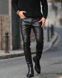 Brand Autumn Men Leather Pants Skinny Fit Elastic Style Fashion PU Trousers Motorcycle Thin Streetwear 231225