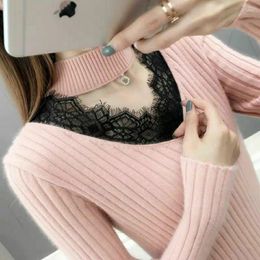 Women's Sweaters Autumn And Winter Pullover V-Neck Lace Thickened Solid Slim Fit Sweater Fashion Overlay Knitted Long Sleeve Tops