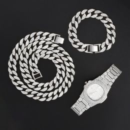 Pendant Necklaces 15mm Necklace Watch Bracelet Hip Hop Miami Curb Cuban Chain Gold Iced Out Paved Rhinestones CZ Bling Rapper For330A