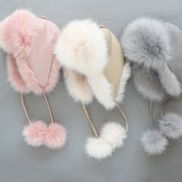 Winter Kids Bomber Hats Children Warm Russian Faux Fur Hat With Ear Flap PU Leather Trapper Baby Cap 231225