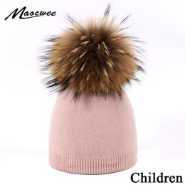 Children's Knit Hexagonal Watermelon Beanie Hat Raccoon Fur Pom Winter Boy Girl Warm Skullies Bone Kids Baby Soft Cap 231225