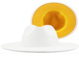 Outer white Inner yellow Wool Felt Jazz Fedora Hats with Thin Belt Buckle Men Women Wide Brim Panama Trilby Cap4434407