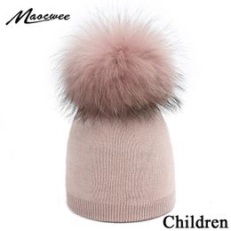 Children's Knit Beanie Hat Dyeing Raccoon Fur Pom Winter Boy Girl Warm Skullies Bone Brand Kids Baby Soft Cap 231225