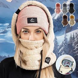Berets Sherpa Hood Ski Mask Winter Cap Set Hooded Knitted Cashmere Neck Warm Windproof Hat Thick Plush Fluffy Beanies