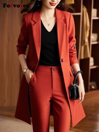 Fotvotee Autumn Winter 2023 Pants Suits for Women Korean Fashion Solid Long Blazer Jacket Casual Pencil Pants 2 Piece Set 231225