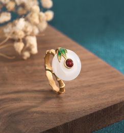 2022 New Creative Design Ancient Gold Bamboo Knot Leaf Ring Retro Imitation Hetian Jade Opening Adjustable Ring2037500