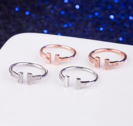 Real 925 Sterling Silver CZ Diamond wedding RING double T ring Jewellery ring for woman lover rings rose gold and silver color5759729