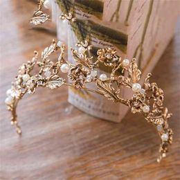 Vintage Baroque Gold Pearl Leaf Bridal Tiara Crystal Crown Hairband Headpiece Vine Wedding Hair Accessories Bride Headband 210701155T