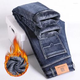 Men's Jeans Business Warm Fleece Winter Casual Male Thick Velvet Slim Fit Pants Classic Black Blue Elastic Cotton Denim