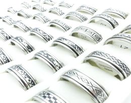 Whole 100pcsLot Fashion Stainless Steel Spin Band Rings Black Etched Mixed Patterns Jewellery Mens Womens Rotatable Party Ring 5781448
