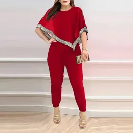 Women's Two Piece Pants Fashion Solid Colour Set Sequined Batwing Sleeve Crop Top And Jogger 2024 Vintage Sets Outfits Tracksuit