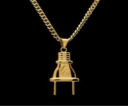 14K Gold Plated Mens Hip Hop Lighting Plug Pendant Necklace with 70cm Long Cuban Link Chain Jewelry6423919