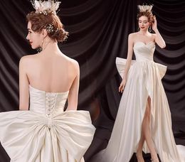 Sweetheart Satin Hi-lo Wedding Dresses Court Train Wedding Gown With Bow