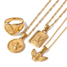 Pendant Necklaces Youthway Waterproof Stainless Steel Angel Series Ring Necklace Metal Vintage 18K Gold Plated Rust Proof Daily Stylish