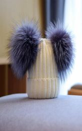 New fashion designer lovely cute double real fur ball thick knitted casual winter spring warm hats for students girls women men ki9528275