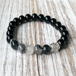 SN1055 Top Quality Black Onyx Rutilated Quartz Bracelet Healing Bracelet Bracelet Heart Chakra Yoga Jewelry256D