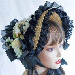 Floral Straw Hat Lolit Straw Hat Teas Party SunHat Lace Fascinators For Women Victorian Headdress Victorian Bonnet 231225