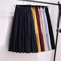 Skirts Women Casual Cotton Linen Spring Summer Solid Colour High Waist A-line Midi Korean Fashion Femme Faldas Mujer 2023