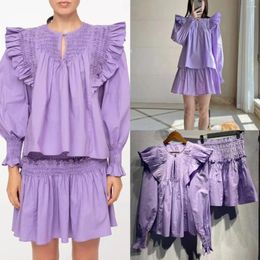 Work Dresses Purple Set Women Ruffles Flying Sleeve Pleated Blouse Or Elastic Waist A-line Mini Skirt Female Fashion Suit Autumn 2023