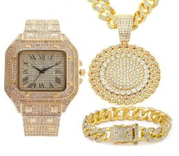 Chains 3pcs Iced Out Necklace Bracelet Watches Rhinestone 13MM Miami Cuban Pandents Bling Gold Watch For Men Jewellery Set2644848