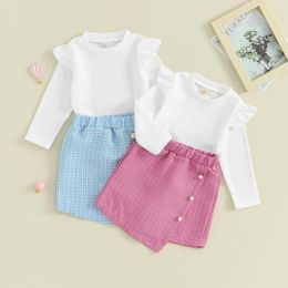 Clothing Sets Pudcoco Kid Girl Fall Outfits Solid Colour Ribbed Crew Neck Long Sleeve Tops Pearl Button Plaid Pantskirts 2Pcs Clothes Set