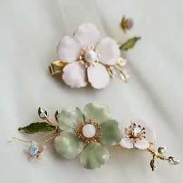 Hair Clips Handmade Enamel Green Flower Bridal Hairpins And Gold Color Leaf Pearl Rhinestone Wedding Headpiece For Women Prom Jewelry