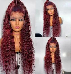 Curly Human Hair Wigs Wine Red Brazilian Remy Deep Wave Full Lace Front Synthetic Wig 180 Pre Plucked2378682