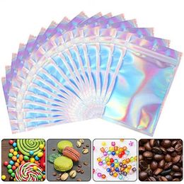 100 pieces Resealable Mylar Bags Holographic Color Multiple Size Smell Proof Clear Zip Lock Food Candy Oflji Oaoqo