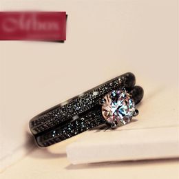 Vintage Female Crystal Round Wedding Ring Set Fashion Black Gold Bridal Engagement Ring Promise Zircon Stone Rings For Women239b