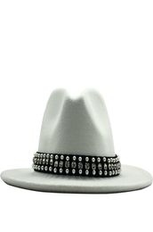 Men Women Wide Brim Wool Felt Fedora Panama Hat with Belt Buckle Jazz Trilby Cap Party Formal Top Hat In Pinkwhite8742036